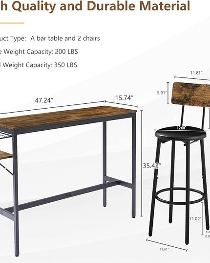 Bar Table and Chairs Set for 2, 3 Pieces Pub Dining Table Set with Collapsible Bottle Holder, 2 Bar Stools PU Upholstery Seat with Backrest for Kitchen, Apartment, Small Space - LeafyLoom