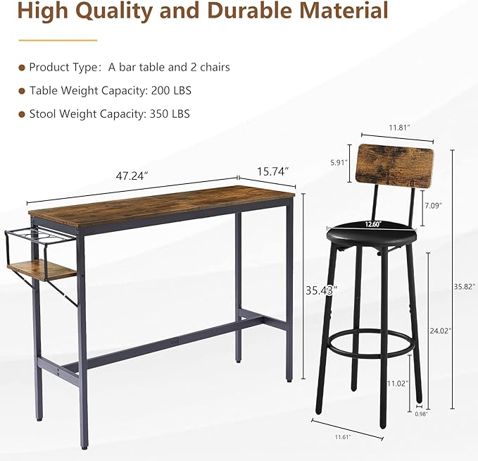 Bar Table and Chairs Set for 2, 3 Pieces Pub Dining Table Set with Collapsible Bottle Holder, 2 Bar Stools PU Upholstery Seat with Backrest for Kitchen, Apartment, Small Space - LeafyLoom