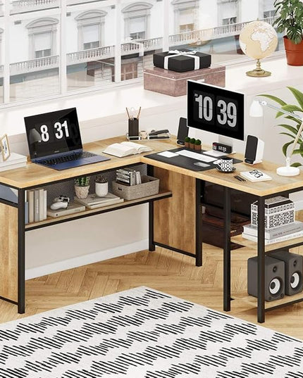 FATORRI L Shaped Computer Desk, Industrial Office Desk with Shelves, Reversible Wood and Metal Corner Desk for Home Office (Rustic Oak, 59 Inch) - LeafyLoom