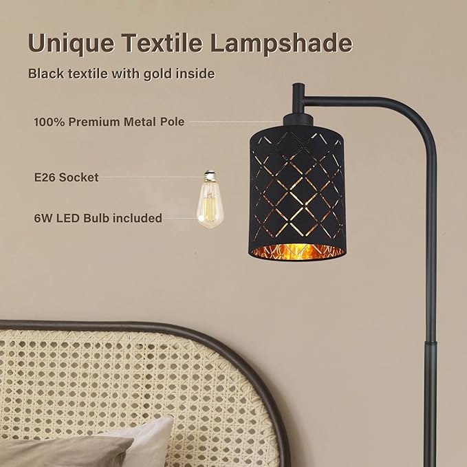 Floor Lamp for Bedroom, LED Floor Lamps for Living Room with 6W LED Bulb, Foot Switch, Farmhouse Modern Standing Lamps for Bedroom with Decorative Cutout Lampshade, Arc Vintage Stand up Light, Black - LeafyLoom