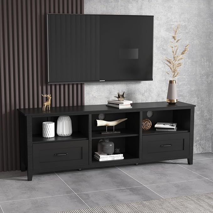 70Inch TV Stand Base, Entertainment Center Cabinet with 2 Drawers and 4 High-Capacity Storage Media Console for Living Room, Black - LeafyLoom