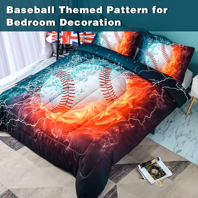 Andency Baseball Comforter Full (79x90 Inch), 3 Pieces(1 Baseball Comforter, 2 Pillowcases) 3D Microfiber Sport Baseball Comforter Set for Boy Kids Teens - LeafyLoom