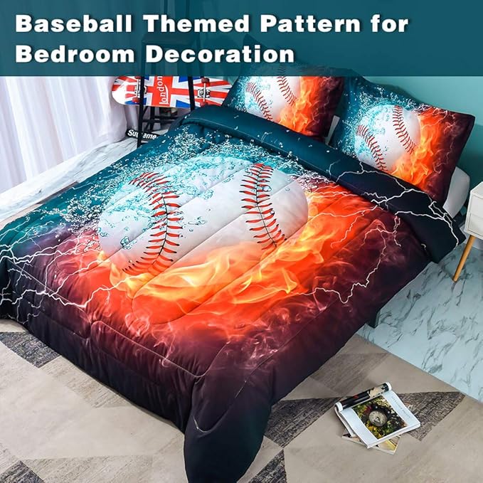 Andency Baseball Comforter Set Queen(90x90 Inch), 3 Pieces(1 Baseball Comforter, 2 Pillowcases) Sport Microfiber Comforter Set Bedding Set for Kids Boys Teens - LeafyLoom