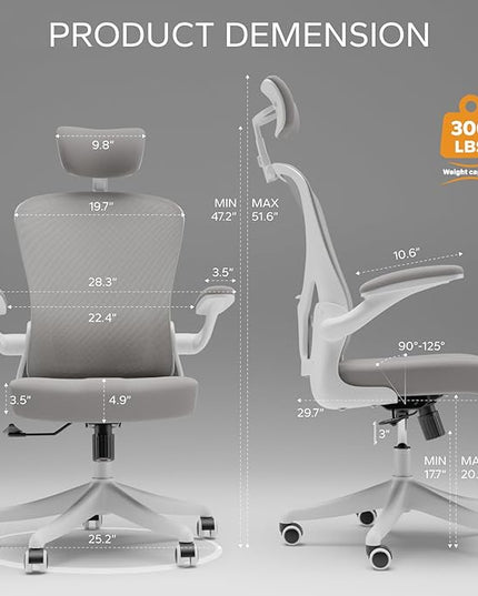 Ergonomic Office Chair Home Desk Office Chair with Flip-Armrest & Cushion for Lumbar Support, high Back Computer Chair with Thickened Cushion Desk Chairs Gray - LeafyLoom
