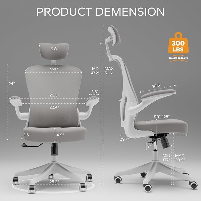 Ergonomic Office Chair Home Desk Office Chair with Flip-Armrest & Cushion for Lumbar Support, high Back Computer Chair with Thickened Cushion Desk Chairs Gray - LeafyLoom