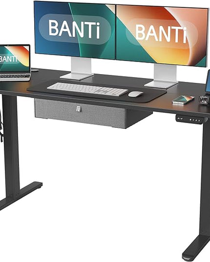 BANTI Electric Standing Desk with Drawer, Adjustable Height Sit Stand Up Desk, Home Office Desk Computer Workstation, 63x24 Inches, Black - LeafyLoom
