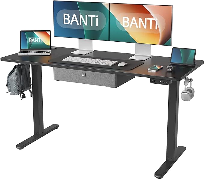BANTI Electric Standing Desk with Drawer, Adjustable Height Sit Stand Up Desk, Home Office Desk Computer Workstation, 63x24 Inches, Black - LeafyLoom