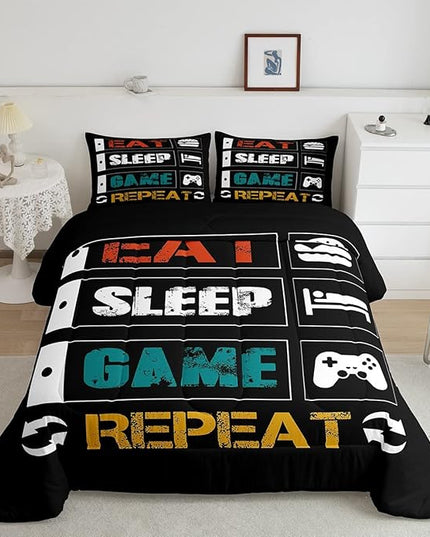 Gamer Comforter Set Full Gaming Bedding Set for Boys Teens Girls Kids Video Games Controller Comforter Funny Creative Eat Sleep Game Repeat Design Reversible Down Comforter for All Season Room Decor - LeafyLoom