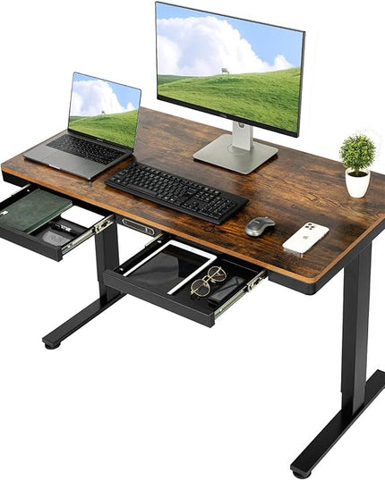 TOPSKY Electric Adjustable Standing Desk with Drawers and Charging USB Port, 47.2"x23.6" Whole-Piece Quick Install Computer Laptop Table for Home and Office (Rustic Brown, 47.2") - LeafyLoom