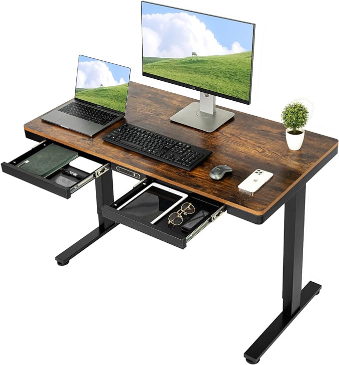 TOPSKY Electric Adjustable Standing Desk with Drawers and Charging USB Port, 47.2"x23.6" Whole-Piece Quick Install Computer Laptop Table for Home and Office (Rustic Brown, 47.2") - LeafyLoom