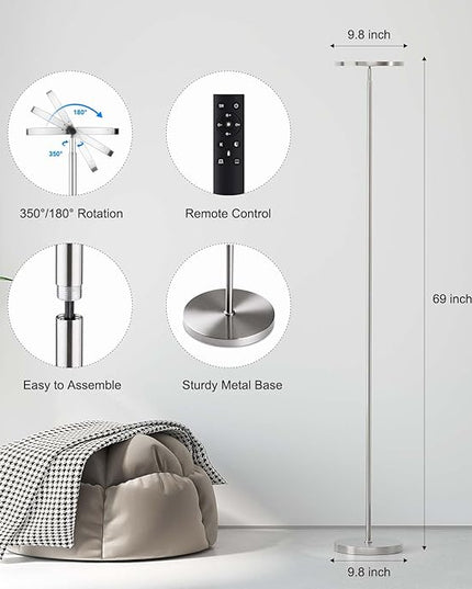 SUNMORY Floor Lamps for Living Room, 32W/3000LM Super Bright LED Floor Lamp with Remote Control, 69" Tall Standing Lamp with Stepless Dimmable, Modern Torchiere Corner Lamp for Bedroom, Office Nickel - LeafyLoom