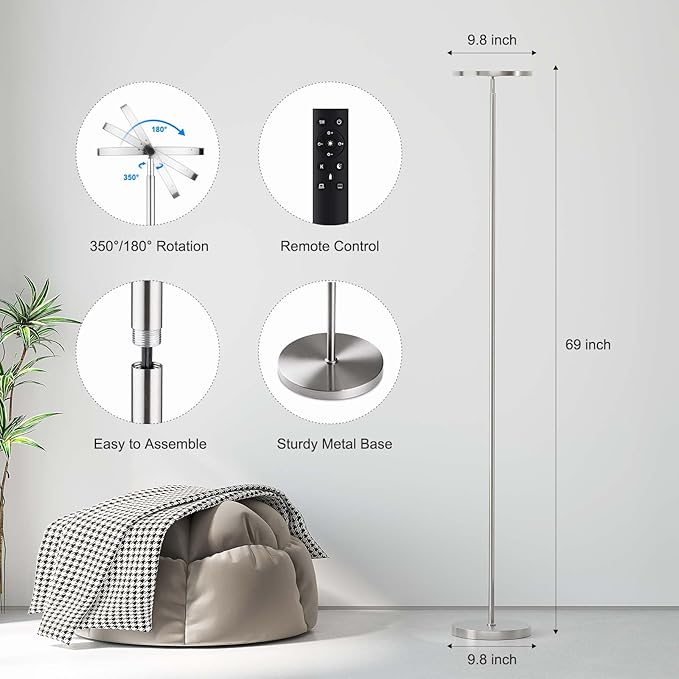 SUNMORY Floor Lamps for Living Room, 32W/3000LM Super Bright LED Floor Lamp with Remote Control, 69" Tall Standing Lamp with Stepless Dimmable, Modern Torchiere Corner Lamp for Bedroom, Office Nickel - LeafyLoom