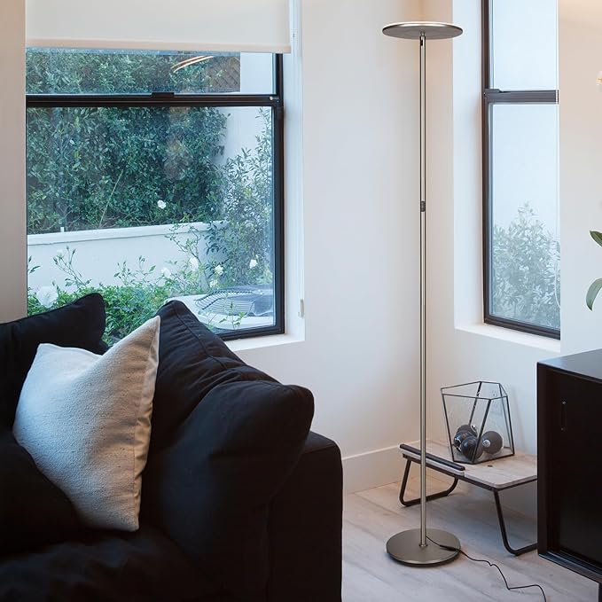 Brightech Sky LED Floor lamp, Torchiere Super Bright Floor Lamp for Living Rooms & Offices - Dimmable, Tall Standing Lamp for Bedroom Reading - Brushed Nickel - LeafyLoom