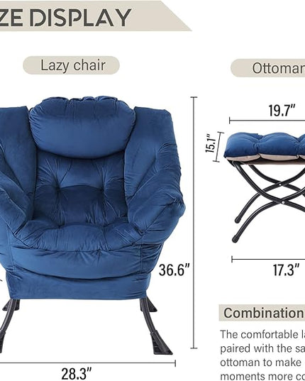 LITA Lazy Chair with Ottoman, Modern Accent Leisure Upholstered Sofa Chair, Contemporary Lounge Reading Chair with Armrests and a Side Pocket for Living Room, Bedroom & Small Space, Royal Blue - LeafyLoom