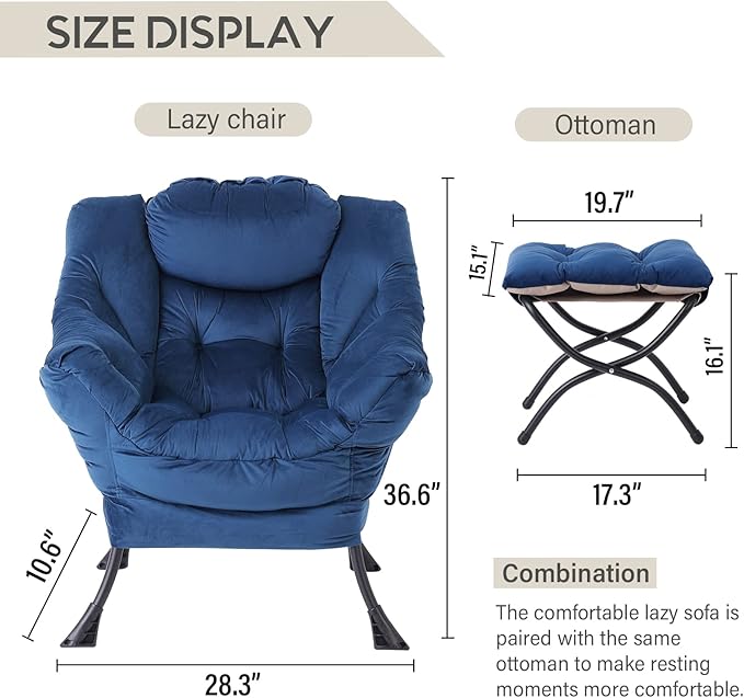 LITA Lazy Chair with Ottoman, Modern Accent Leisure Upholstered Sofa Chair, Contemporary Lounge Reading Chair with Armrests and a Side Pocket for Living Room, Bedroom & Small Space, Royal Blue - LeafyLoom