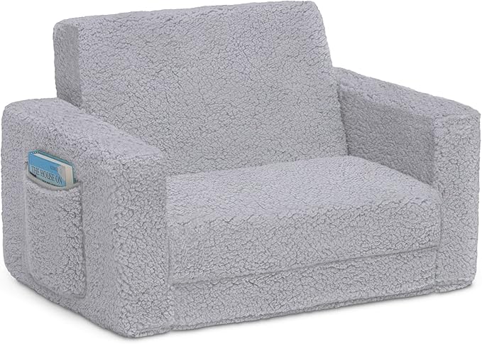 Delta Children Cozee Flip-Out Sherpa 2-in-1 Convertible Chair to Lounger for Kids, Grey - LeafyLoom