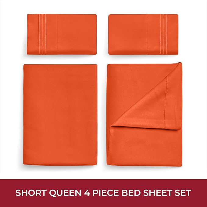 Mellanni RV Short Queen Sheets - 4 PC Iconic Collection Bedding Sheets & Pillowcases - Hotel Luxury, Extra Soft, Cooling Bed Sheets - Deep Pocket up to 10 inch (RV/Short Queen, Poppy Orange) - LeafyLoom