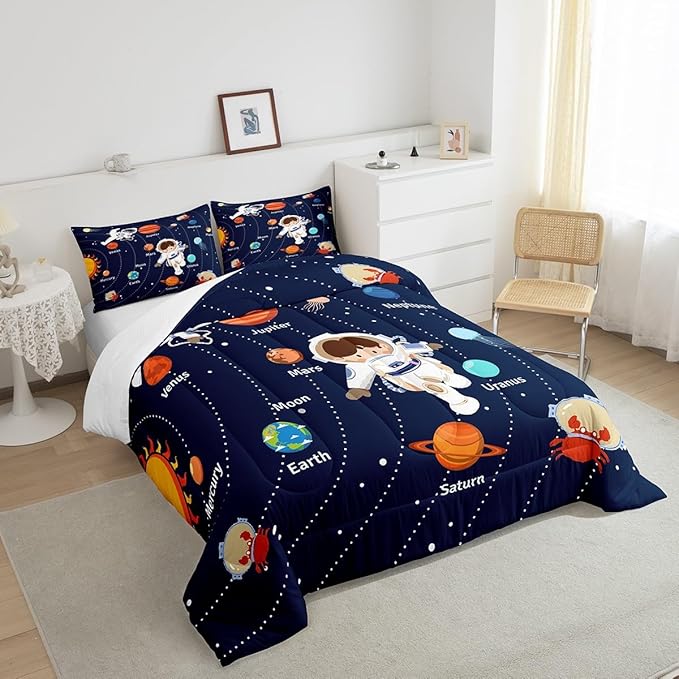 Feelyou Solar System Comforter Set King Size Outer Space Comforter for Kids Teens Adults Universe Planets Bedding Set Cute Astronaut Blue Duvet Set Room Decor 3Pcs with 2 Pillow Case - LeafyLoom