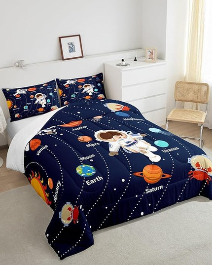 Feelyou Solar System Comforter Set Queen Size Outer Space Comforter for Kids Teens Adults Universe Planets Bedding Set Cute Astronaut Blue Duvet Set Room Decor 3Pcs with 2 Pillow Case - LeafyLoom