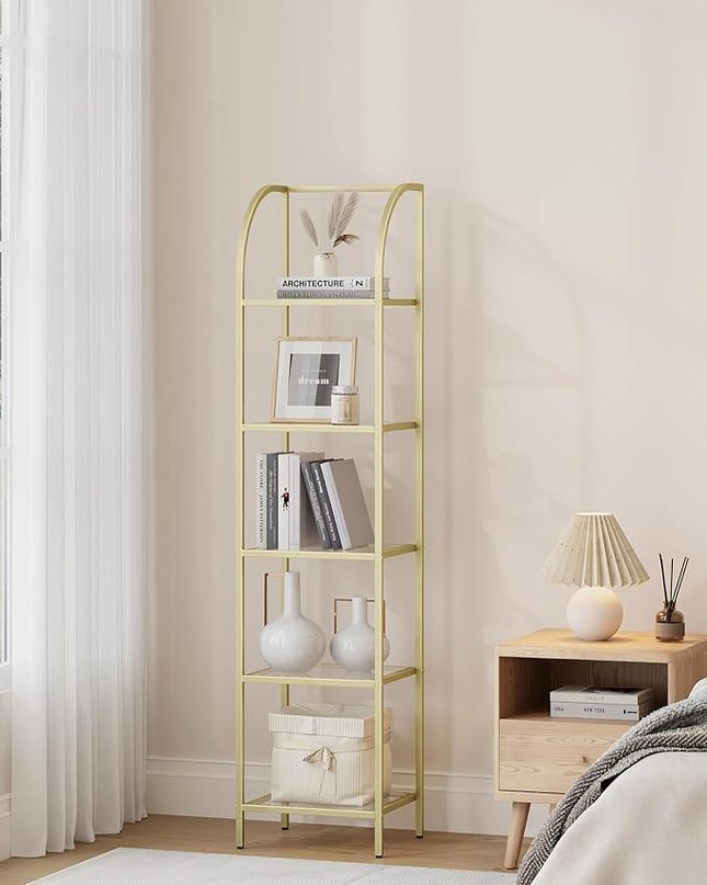 Bookcase Bookshelf, Tempered Glass Arched Bookshelf for More Storage, Slim Shelving Unit for Bedroom, Bathroom, Home Office, Steel Frame, 5 Tier Gold BC20599G - LeafyLoom