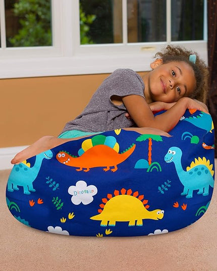 Posh Creations Bean Bag Chair for Kids, Teens, and Adults Includes Removable and Machine Washable Cover, Canvas Dinos on Blue, 27in - Medium - LeafyLoom