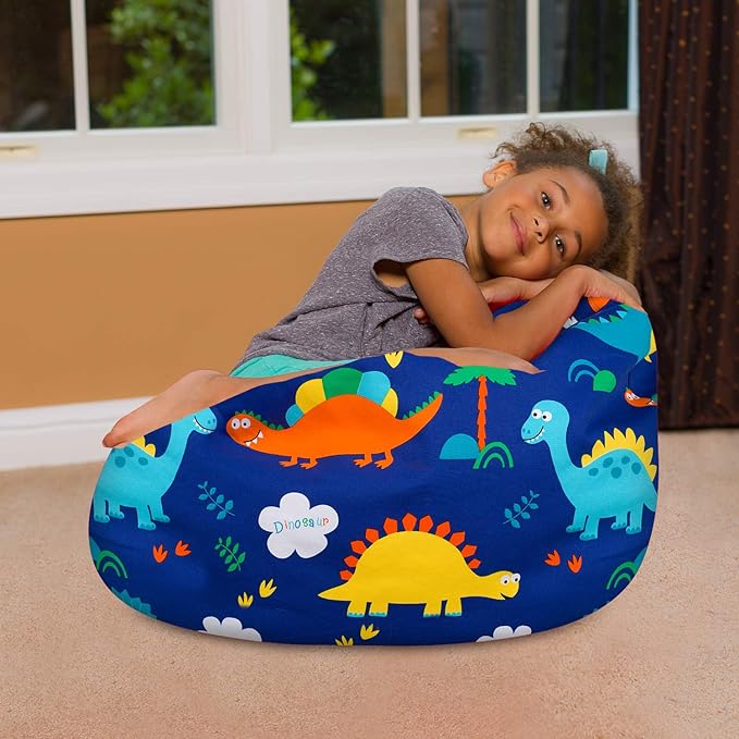 Posh Creations Bean Bag Chair for Kids, Teens, and Adults Includes Removable and Machine Washable Cover, Canvas Dinos on Blue, 27in - Medium - LeafyLoom