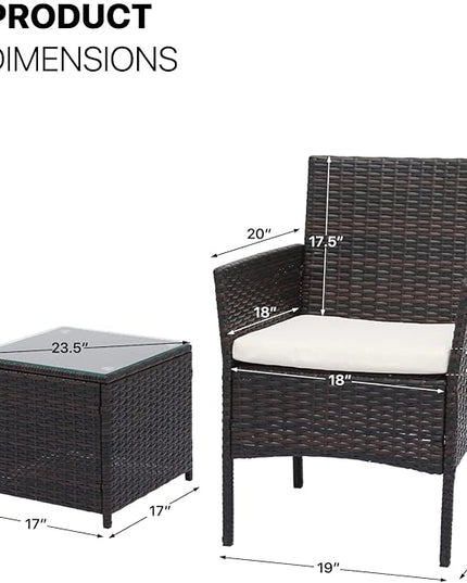 MoNiBloom 3 Pieces Patio Furniture Set, Outdoor Conversation PE Rattan Furniture Front Porch Set with Washable Cushion and Tempered Glass Tabletop for Garden Poolside Balcony, Capacity 250 lbs, Brown - LeafyLoom