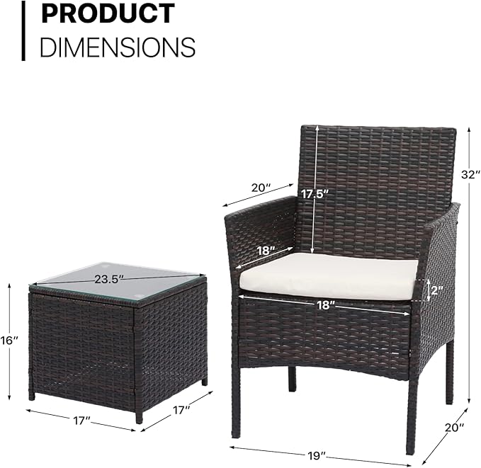 MoNiBloom 3 Pieces Patio Furniture Set, Outdoor Conversation PE Rattan Furniture Front Porch Set with Washable Cushion and Tempered Glass Tabletop for Garden Poolside Balcony, Capacity 250 lbs, Brown - LeafyLoom