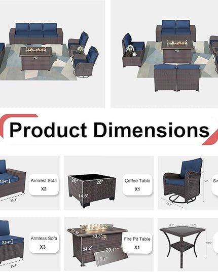 Patio Furniture Sectional Sofa Set 10-Pieces PE Rattan Swivel Rocking Chairs Outdoor Furniture Set w/43in Gas Fire Pit Table, Patio Conversation with 55000 BTU Propane Fire Pit, Navy Blue - LeafyLoom