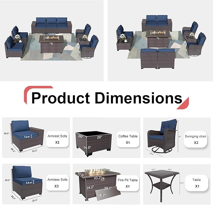 Patio Furniture Sectional Sofa Set 10-Pieces PE Rattan Swivel Rocking Chairs Outdoor Furniture Set w/43in Gas Fire Pit Table, Patio Conversation with 55000 BTU Propane Fire Pit, Navy Blue - LeafyLoom