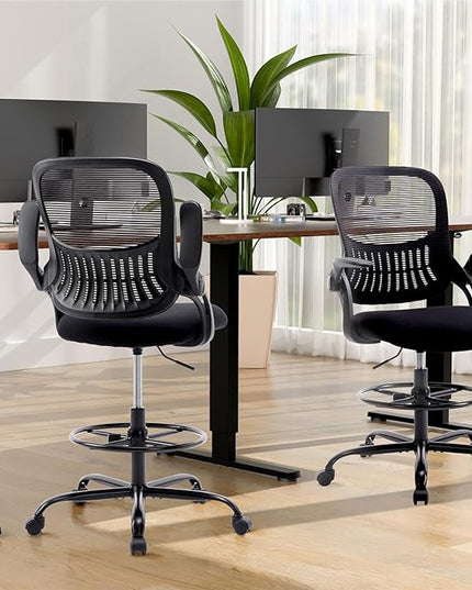 Sweetcrispy Home Office Drafting Desk Chair - Ergonomic High Stool Computer with Adjustable Height and Comfy Lumbar Support, Tall Rolling Task for Standing Desk with Flip-up Arm and Footrest, Black - LeafyLoom