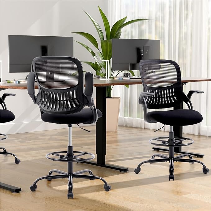 Sweetcrispy Home Office Drafting Desk Chair - Ergonomic High Stool Computer with Adjustable Height and Comfy Lumbar Support, Tall Rolling Task for Standing Desk with Flip-up Arm and Footrest, Black - LeafyLoom
