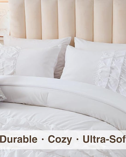 A Nice Night Waterfall Flutter Ruffle Comforter Set,Ruffled Textured Soft Chic Princess 6pcs Bedding Set,with Bling Shiny Sequin Throw Pillow Case,White,Twin - LeafyLoom