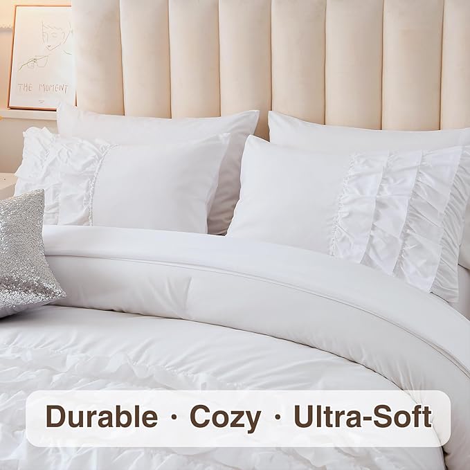 A Nice Night Waterfall Flutter Ruffle Comforter Set,Ruffled Textured Soft Chic Princess 6pcs Bedding Set,with Bling Shiny Sequin Throw Pillow Case,White,Twin - LeafyLoom