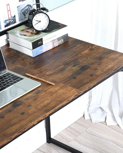 FurnitureR 39.4 inch Small Study Writing Table with Storage Bag Space Saving for Home Office, Modern PC Metal Frame Computer Desk, Brown - LeafyLoom