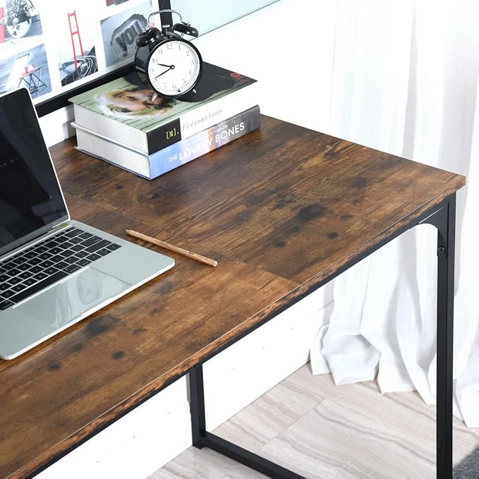 FurnitureR 39.4 inch Small Study Writing Table with Storage Bag Space Saving for Home Office, Modern PC Metal Frame Computer Desk, Brown - LeafyLoom