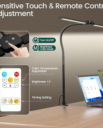 LED Desk Lamp for Home Office, Double Head Computer Desk Lights with Clamp & Wireless Remote, 12 Lighting Modes, Flexible Gooseneck Adjustable Smart Table Reading Study - LeafyLoom