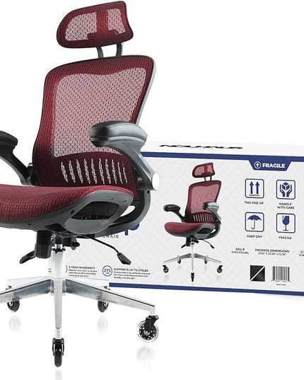 Nouhaus Ergonomic Mesh Office Chair with Flip Armrest, Adjustable Headrest, Lumbar Support & Blade Wheels, Executive Swivel Desk Computer Chair, Gaming Chair(ErgoFlip, Burgundy) - LeafyLoom