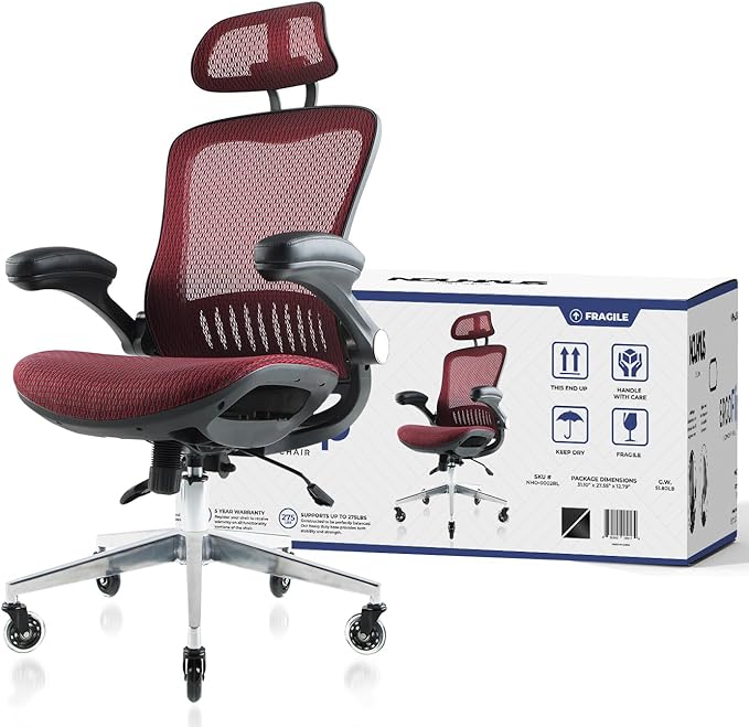 Nouhaus Ergonomic Mesh Office Chair with Flip Armrest, Adjustable Headrest, Lumbar Support & Blade Wheels, Executive Swivel Desk Computer Chair, Gaming Chair(ErgoFlip, Burgundy) - LeafyLoom