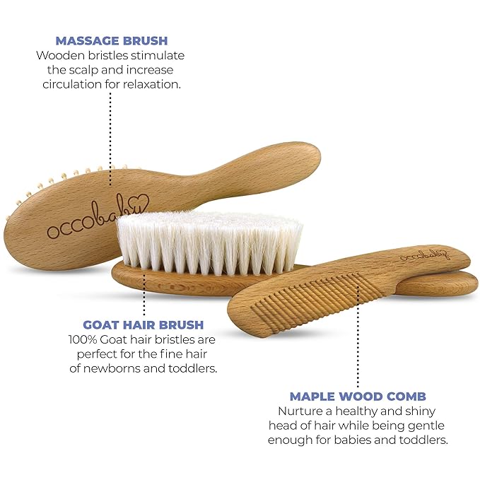 OCCObaby Wooden Baby Hairbrush Set for Newborns & Toddlers - Baby Comb for Cradle Cap - Baby Comb and Brush Set for Baby Grooming - Baby Scalp Brush for Cradle Cap - Toddler Comb - LeafyLoom