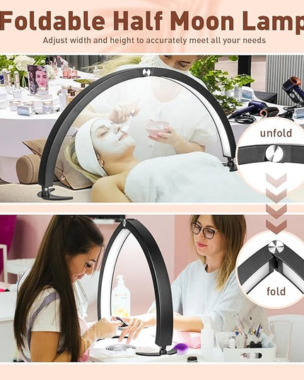 HITTI Large Half Moon Light for Nail Desk with Phone Holder, Foldable Nail Tech Light, Lash Table Lamp with Wire Controller & Remote, 7 Color Modes 10 Brightness for Extension Tattoo Craft Beauty - LeafyLoom