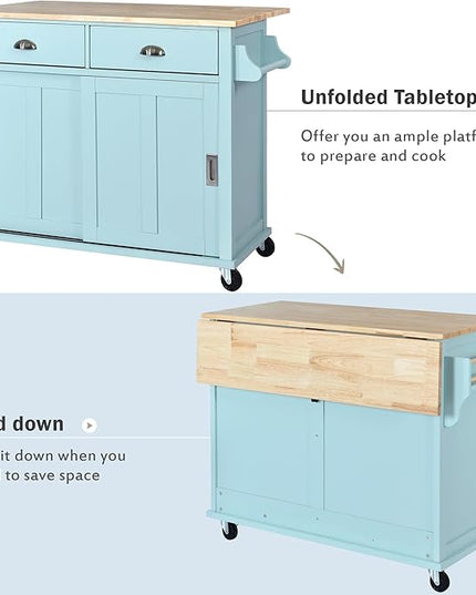 Kitchen Island with Storage, Rolling Table on Wheels w/Storage Cabinet and 2 Drawers for Dinning Room, Rubber Wood Contertop - LeafyLoom