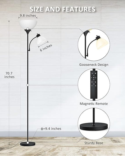 Floor Lamp, Remote Control with 4 Color Temperatures, LED Torchiere Floor Lamp with Adjustable Reading Lamp for Bedroom, Standing Lamps for Living Room, Bulb Included (Matte Black) - LeafyLoom