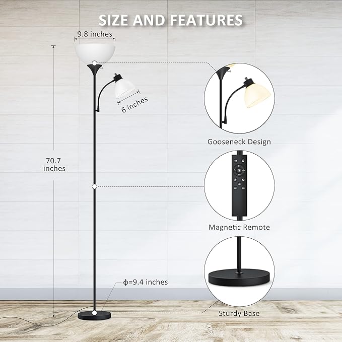 Floor Lamp, Remote Control with 4 Color Temperatures, LED Torchiere Floor Lamp with Adjustable Reading Lamp for Bedroom, Standing Lamps for Living Room, Bulb Included (Matte Black) - LeafyLoom