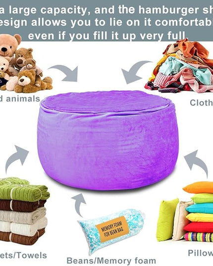 Bean Bag Chair Cover, Stuffed Animal Storage, Plush Toys Organizer Holder, Beanbag Chairs Cover for Kids Teans and Adults Super Soft and Comfortable Fabric X-Large with Handle and Zipper -Round Purple - LeafyLoom