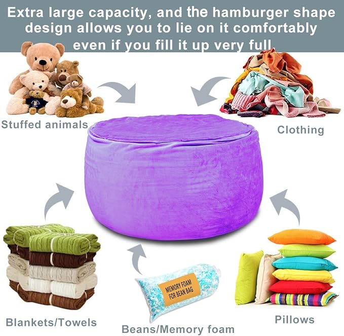 Bean Bag Chair Cover, Stuffed Animal Storage, Plush Toys Organizer Holder, Beanbag Chairs Cover for Kids Teans and Adults Super Soft and Comfortable Fabric X-Large with Handle and Zipper -Round Purple - LeafyLoom