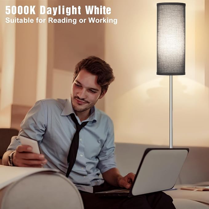 Ambimall Floor Lamps for Living Room, Modern Silver Floor Lamp with Remote Control and Stepless Dimmable Colors Temperature & Brightness (9W Bulb Included, Black Lampshade) - LeafyLoom
