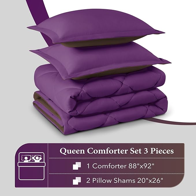downluxe Queen Comforter Set - Purple and Brown Queen Comforter, Soft Bedding Comforter Sets for All Seasons, Queen Bed Comforter Set - 3 Pieces - 1 Comforter (88"x92") and 2 Pillow Shams(20"x26") - LeafyLoom