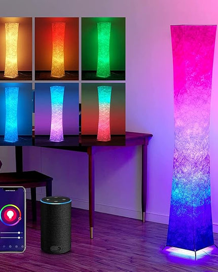 chiphy Floor Lamp, RGB Color Changing Dimmable LED Lamp, Smart WiFi Bulbs Compatible with Alexa & Google Assistant, 64" Tall White Fabric Shade Light, Modern for Living Room, Bedroom, Game Room - LeafyLoom