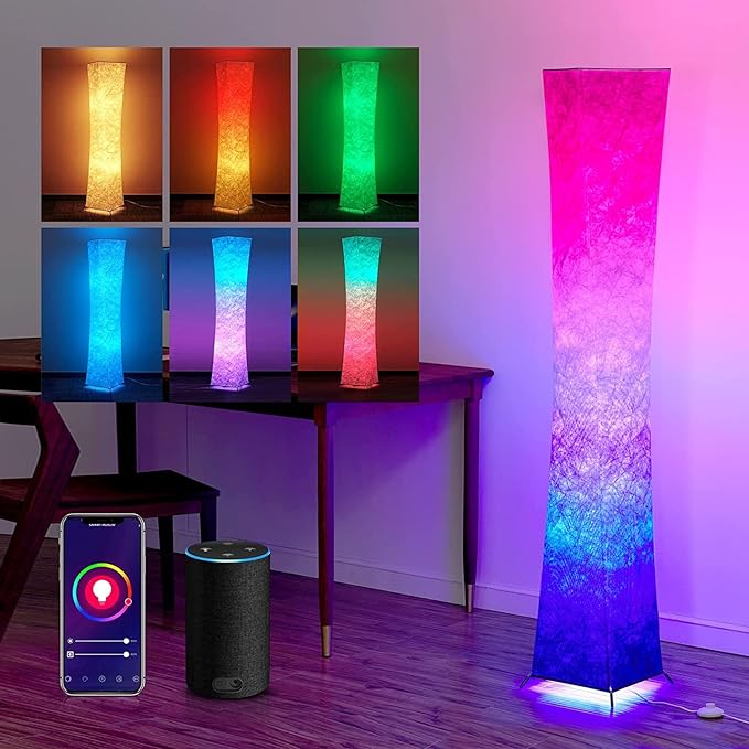 chiphy Floor Lamp, RGB Color Changing Dimmable LED Lamp, Smart WiFi Bulbs Compatible with Alexa & Google Assistant, 64" Tall White Fabric Shade Light, Modern for Living Room, Bedroom, Game Room - LeafyLoom